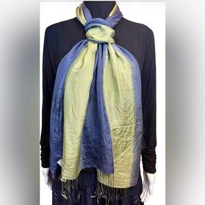 NWT Ten Thousand Villages Silk Scarf Blue Green Ombre Fringe Fair Trade